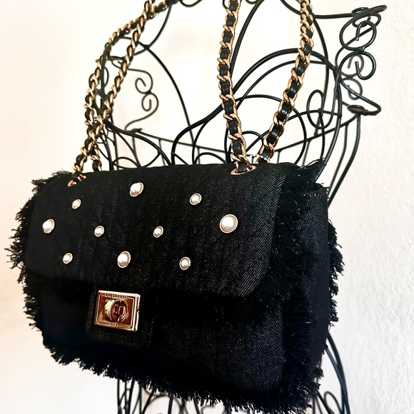 NWT Elegant Karl Lagerfeld Paris Agyness Black Denim Pearl-Embellished Bag - Picture 3 of 13